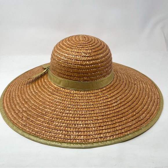 Vintage Wide Brim Straw Hat | Metallic Gold Ribbon Trim Sun Hat | Boho Resort - Picture 7 of 9